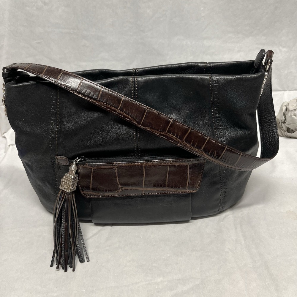 BRIGHTON Black & Brown Leather Shoulder Bag with Tassel & Bag Charm Vintage